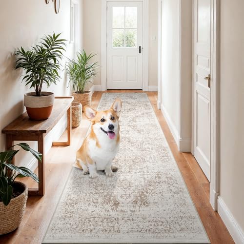 2x8 Washable Runner Rug: Vintage Medallion Kitchen Soft Rugs IvoryBeige | Non Slip Pet Friendly Water Resistant Low Pile Design Easy Clean Durable for Entryway Hallway and Indoor High Traffic Areas - color: Ivory/Beige, size: 2x8