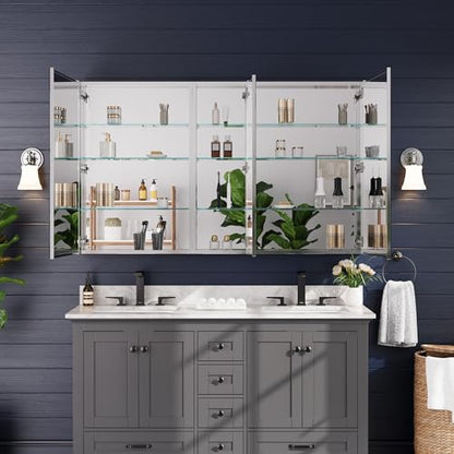 60"x36" Medicine Cabinet with Mirror & Soft Close Hinges, Surface Mount or Recessed Medicine Cabinet with Adjustable Shelves, Bathroom Wall Medicine Cabinet with Storage, Aluminum Alloy Frame, Combo - size: 60" x 36"