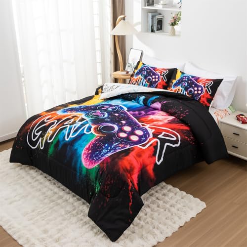 Aimuan Gamer Gaming Bedding Sets 3D Gamepad Comforter Sets for Boys Games Console Action Buttons Novelty Colorful Game Controller Modern Room Decor Home Quilt Set (Black-Purple, Twin) - color: Black-purple, size: Twin