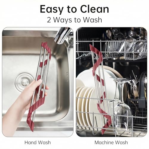 Tomorotec Triangle Roll Up Dish Drying Rack 304 Stainless Steel Wine Red | BPA-Free Food-Grade Silicone Edges Foldable Waterproof Rustproof Heavy-Duty Space Saver Heat Resistant to 550°F - color: Wine Red