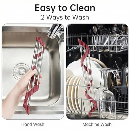 Tomorotec Triangle Roll Up Dish Drying Rack 304 Stainless Steel Wine Red | BPA-Free Food-Grade Silicone Edges Foldable Waterproof Rustproof Heavy-Duty Space Saver Heat Resistant to 550°F - color: Wine Red