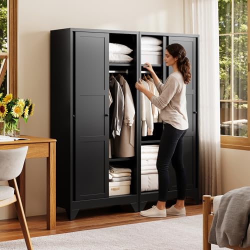 Armoire Wardrobe Closet,20" Deep Armoire Wardrobe Cabinets with Sliding Doors and Shelves,Narrow Slim Coat Closet Cabinet with Hanging Rod for Home(Black) - color: Black, size: 20"D x 32"W x 68"H