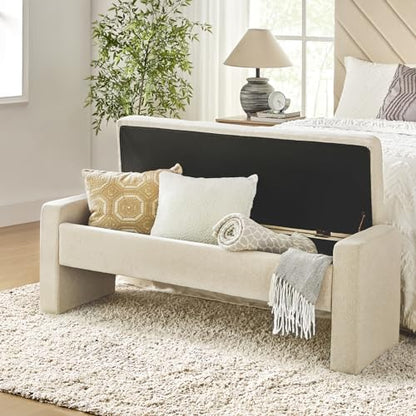 55" Modern Upholstered Storage Bench with Tufted Seat, Fabric Ottoman Bench for Bedroom, Entryway, or Living Room, Soft Close Hinge,Linen - color: Linen