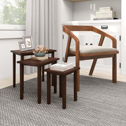 Giantex Nesting Tables Set of 3, Farmhouse Stacking Side Table with Rubber Legs, Wooden Rectangle Accent End Table, Nesting Coffee Tables for Living Room Bedroom (Walnut) - color: Walnut