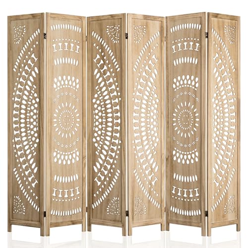 WelFurGeer Handcrafted Carved Wooden Room Divider Screen, Folding Privacy Screen for Room Separation, Decorative Room Dividers, 360° Adjustable Folding Panels for Privacy, Home, Office & Patio - color: Natural, size: 6 Panels