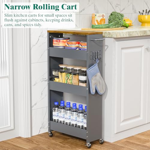 XYZLVSI Slim Storage Cart, Narrow Kitchen Rolling Cart for Small Spaces | 5.9" W skinny storage cart, 12.4" bottom metal utility cart with 360° swivel wheels for bathroom/laundry, slim shelf, Gray - size: 5.9IN-Gray