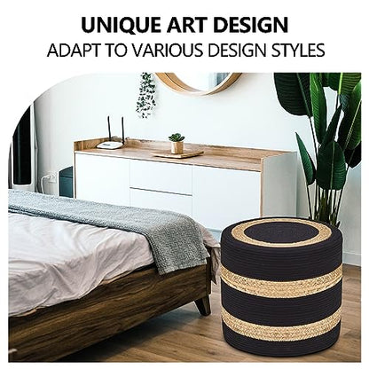 Wimarsbon 18'' Ottoman Pouf, Natural Braided Poof, Rustic Handweave Lounge Pouffe, Boho Footrest Stool for Bedroom, Accent Table or Seat for Living Room (Natural Water Hyacinth + Black Cotton Rope) - color: 18inch Natural Water Hyacinth + Black Cotton Rop