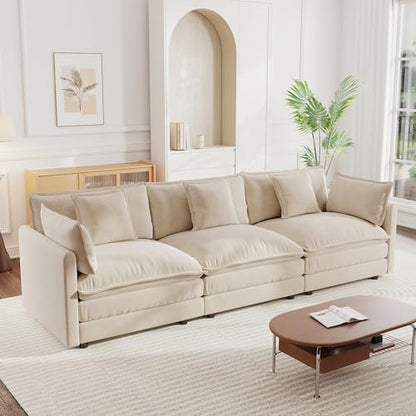 Aoowow Modular Sectional Sofa,112.2 Inch Deep 3-Seater Sofas Comfy Chenille Cloud Sofas and Couches with Pillows for Living Room Apartment（Light Coffee） - color: Light Coffee, size: 3 Seat