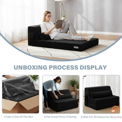 Convertible Folding Sofa Bed Mattress with Pillow & Side Pocket, Plush Fabric Floor Mattress Couch Bed, Washable Cover, Twin Size, Black - color: Plush Black, size: Twin Size