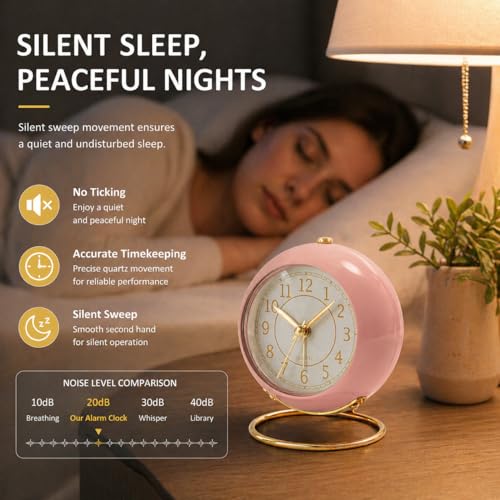 AYRELY® Battery Operated Analog Desk Alarm Clock with Light, Table Clock | Retro Aesthetic Clock with Silent Non-Ticking Movement for Bedside, Bedroom, Kitchen, Office, Travel & Kids' Room(Light Pink) - color: Light Pink