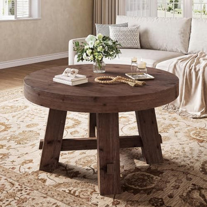 31.5-Inch Round Coffee Table, Solid Wood Center Table with Thickened Tabletop for Living Room, Apartment, Small Space, Brown - color: Walnut Brown