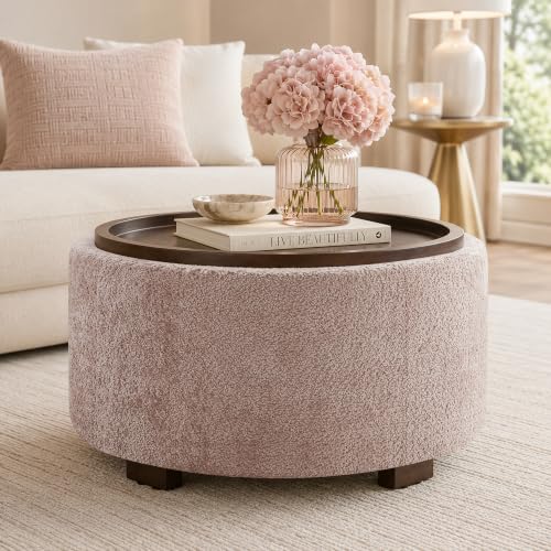 Zihanhome 30" Round Chenille Storage Ottoman Coffee Table with Removable Tray Top, Large Hidden Storage Ottoman, Solid Wood Legs for Living Room, Bedroom, Apartment (Pink) - color: Pink