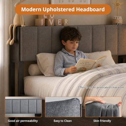 VOWNER Full Corner Bed Frame with Storage and RGB LED Lights, Grey | Upholstered Full Bed Frame with 2 Drawers and Charging Station for Kids Teens, Metal Platform Daybed for Bedroom & Guest Room