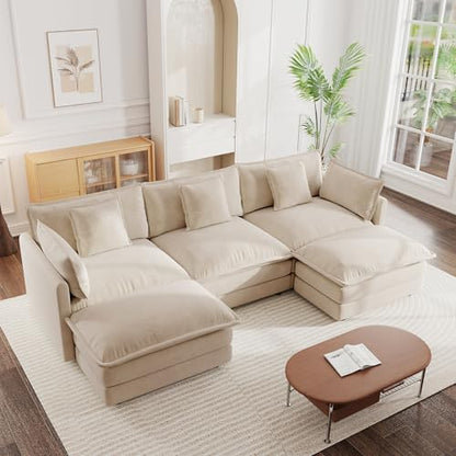 Modular Sectional Sofa, 111.5 Inch U Shaped Couch Set for Living Room, 3-Seater Comfy Cloud Couches with Movable Ottoman, DIY Combination, Chenille, Light Coffee - color: Light Coffee, size: 111.5 Inch- U