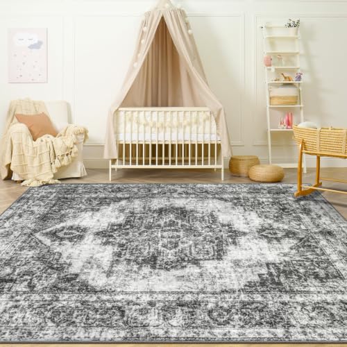 Area Rug 4x6 Vintage Rugs: Washable Indoor Medallion Rug Low Pile Distressed Floor Carpet Retro Accent Rugs for Living Room Bedroom Kitchen Dining Table Home Office(Black, 4'x6') - color: Black, size: 4' x 6' (Rectangular)