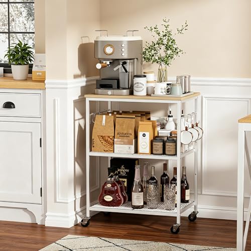 Homleke 3-Tier Rolling Kitchen Microwave Cart, Utility Cart | with Lockable Wheels Coffee Bar Table Station with 6 Hooks, Small Appliance Storage Shelf, White and Natural - color: White and Natural