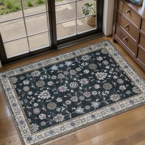 Tangsoo Black 2x3 Washable Rugs for Entryway, Vintage Non Slip Small Rug | Farmhouse Floral Indoor Front Door Rug, Soft Low Pile Door Mat Carpet Throw Rugs for Entry Entrance Kitchen Bedroom Decor - color: Black, size: 2' X 3' (Rectangular)