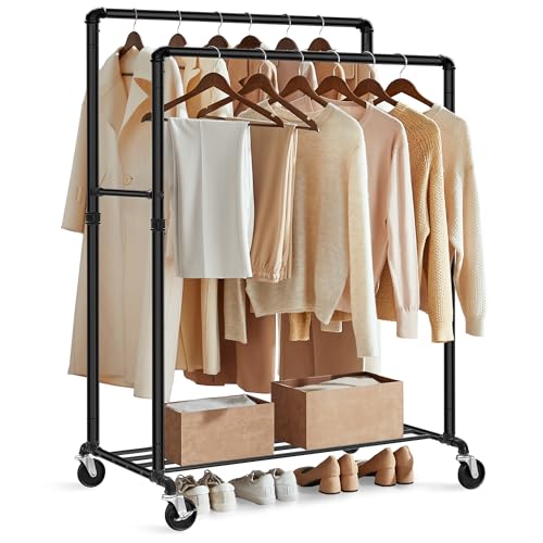 SONGMICS Heavy-Duty Clothes Rack, Double-Rod Clothing Rack for Hanging Clothes, Industrial Garment Rack on Wheels, Metal Frame, 2 Casters with Brakes, Commercial Display, Black UHSR60B | Industrial Garment Rack for Hanging Clothes, 2 Casters with Brakes,