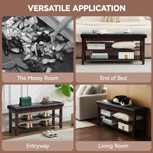 40" Entryway Bench, Shoe Storage Bench, Black | Leather Cushion, Shoe Rack, End of Bed Bench for Front Door Entrance, Mudroom - color: Black