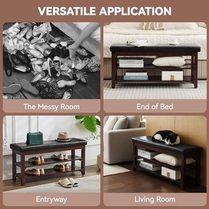 40" Entryway Bench, Shoe Storage Bench, Black | Leather Cushion, Shoe Rack, End of Bed Bench for Front Door Entrance, Mudroom - color: Black