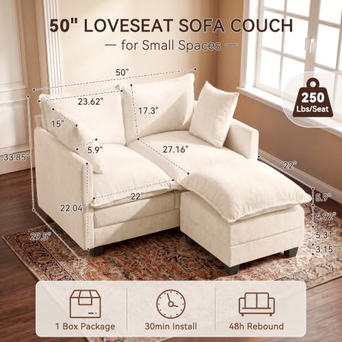 50" Loveseat Sofa with Ottoman, Cloud 2-Layer Cushion & 27" Deep Seat, Modern Love Seat Small Couch with 2 Washable Pillows for Small Spaces, Bedroom, Apartment, Office, Living Room, in a Box, Beige - color: Beige, size: Loveseat with Ottoman