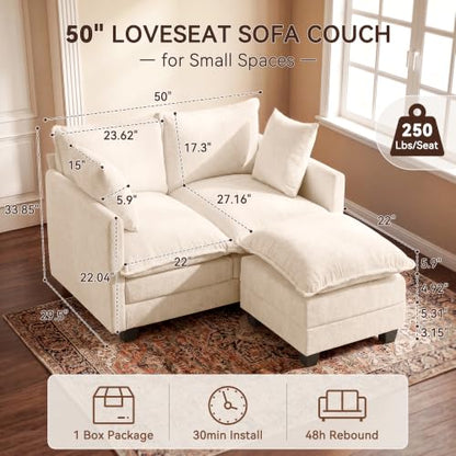 50" Loveseat Sofa with Ottoman, Cloud 2-Layer Cushion & 27" Deep Seat, Modern Love Seat Small Couch with 2 Washable Pillows for Small Spaces, Bedroom, Apartment, Office, Living Room, in a Box, Beige - color: Beige, size: Loveseat with Ottoman