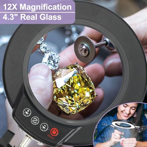 12X Magnifying Glass with Light and Clamp, Real Glass Lens Lighted Magnifier with Stand, 5 Color Modes LED Dimmable Magnifying Desk Lamp Hands Free for Crafts Jewelry Painting Sewing Close Work - color: Black, size: 12X 17.8inch Clamp