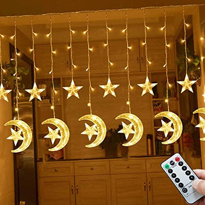 Ramadan Decorations for Home,138 LED Upgraded Extra Large Star Moon Curtain Lights for Kids Bedroom Decor,USB Powered 8 Modes Remote LED Fairy Lights for Ramadan Window Wedding Christmas Decor