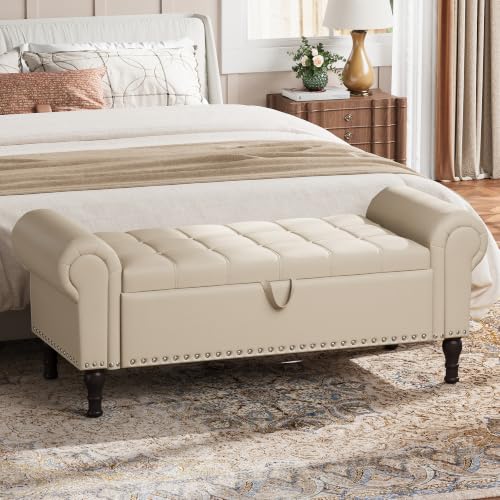 YOUDENOVA Ottoman with Storage, 51" End of Bed Bench with Rolled Arms, Upholstered Storage Bench with Vintage Rivets for Bedroom, Living Room, Entryway, Beige+Brown Legs - color: Beige & Brown Legs, size: 51 Inches