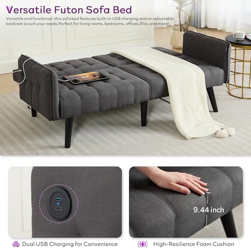 65'' Convertible Futon Sofa Bed with USB, Small Couch for Living Room | Sleeper Sofa, Adjustable Folding Couch with Tufted Design and 2 USB Ports, Bedroom Apartment Office, Dark Grey - color: Dark Grey