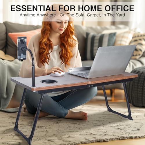 wishacc 28.7" Extra Wide Laptop Lap Desk for Bed and Sofa, Adjustable Bed Desk with Flexible Phone & Tablet Mount, Portable Black Lap Tray Table for Floor Couch Work, 2 Book Clips Included - size: Large