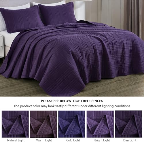 Chezmoi Collection Kingston Queen Size Bedspread Set, 3-Piece Dark Purple Oversized Quilted Microfiber Lightweight Bedspread Coverlet (100"x106") for All Seasons - color: Dark Purple, size: Queen