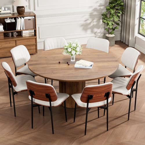 Dining Chairs Set of 2, Mid-Century Modern Upholstered PU Leather Chairs | with Walnut Bentwood Back and Metal Legs Adjustable Feet for Kitchen Dining Room, Off-White Shell Strips - color: Off-white Shell Strips