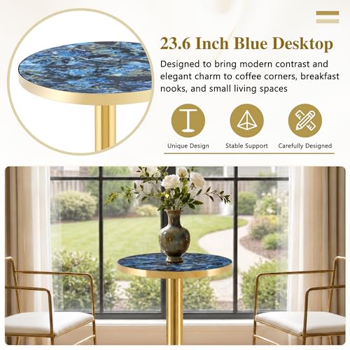 TesNus 23.6" Small Round Dining Table for 2, Circle Tulip Table, Faux Marble Top with Gold Metal Pedestal Base, Modern Leisure Coffee Table for Small Spaces, Cafe, Office, Blue&Gold - color: Blue Top&gold Base