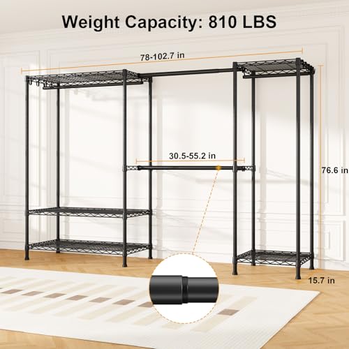 E17 Heavy-Duty Clothes Rack with 2 Expandable Hanging Rods, Black | (78-102.7)”W x 15.7”D x 76.6”H Adjustable Clothing Racks with Shelves, Metal Closet Wardrobe System for Hanging Clothes - color: Black