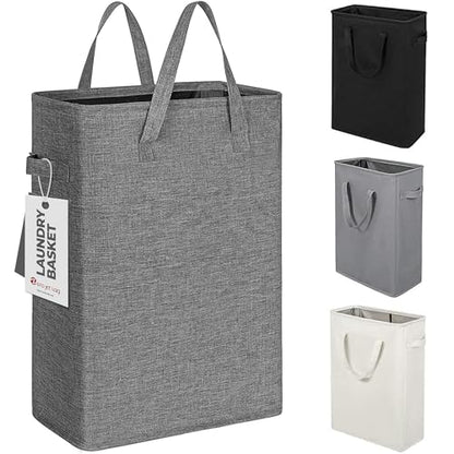 ZJL Narrow Laundry Hamper, Skinny Laundry Basket, 45L Dark Grey, 24" | Slim Laundry hamper for Small Spaces laundry bag with handle, Foldable clothes hampers for laundry basket organizer - color: Dark Gray- With Handles