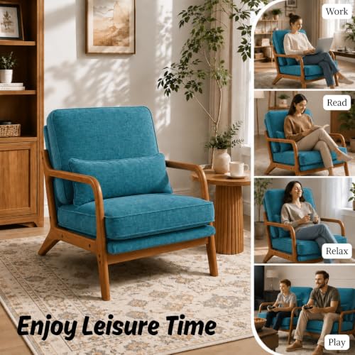 Karl home Mid-Century Modern Accent Reading Chair, Teal | Chenille Upholstered, Solid Wood Frame, Soft Cushion, Lumbar Pillow, Lounge Armchair for Living Room, Bedroom, Balcony, Study - color: Chenille Teal