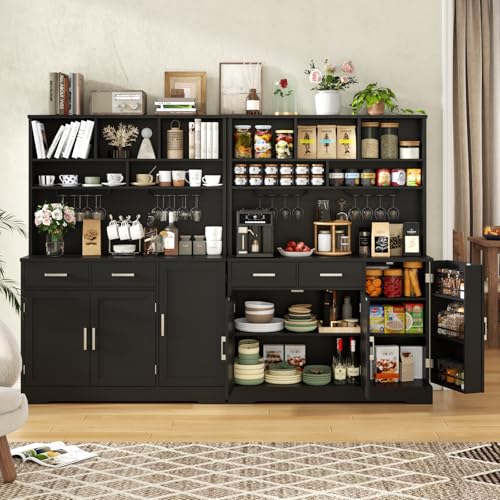 Tall Pantry Cabinet with Darwers, Modern Kitchen Hutch with Microwave Stand | Kitchen Pantry Storage Cabinet with Door Shelf, Food Pantry with Goblet Holders & Adjustable Shelves for Dining Room, Black - color: Black-goblet Holders