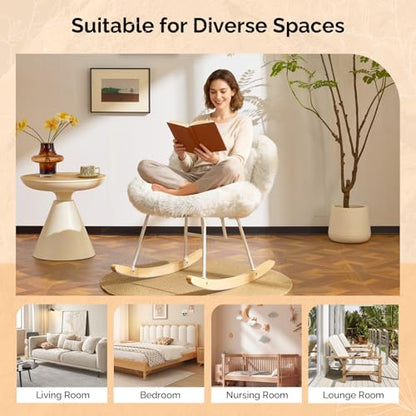 VINGLI 25.6" Extra Wide Criss Cross Nursery Rocking Chair,Cute Curved 115° Reclining Armless Glider,Plush Small Rocker w/Pillow & Solid Wood for Indoor,Bedroom, Living Room,Fluffy Fleece,White - color: Fluffy-white