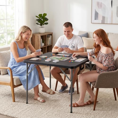 BLKMTY 34" Square Folding Card Table, Portable Picnic Dining Table, White | Fold-In-Half Plastic Tables Desk W/ Carry Handle, Indoor Outdoor Foldable Utility Tables, For BBQ, Camping, Party, Events - color: Black, style: Square