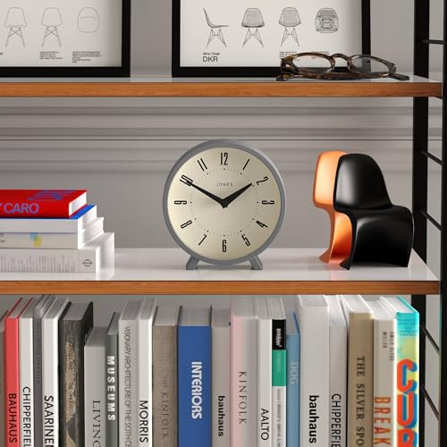 JONES CLOCKS® Venus Desk Clock | Modern Round Design | Gray | Stylish Retro Look for Shelf, Table, Mantel or Bedside - color: Clockwork Grey