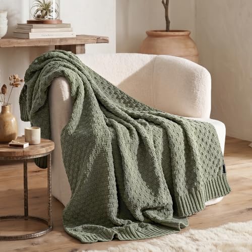 EVERGRACEHOME Chunky Chenille Knit Throw Blanket, Dried Thyme Green, 50x60 | Basketweave Chenille Knit, OEKO-TEX Certified, Lightweight Warmth, Modern Farmhouse, Decorative Throw for Couch, Bed & Sofa - color: Dried Thyme Green, size: 50" x 60"