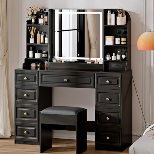Arulvmrn 43" Makeup Vanity Desk with Mirror and Lights, & Power Outl, Glass Top Big Vanity Table with 9 Drawers& 8 Storage Shelves, Dressing Table Set with Chair for Bedroom, Black - color: Dark