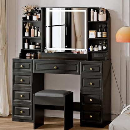 Arulvmrn 43" Makeup Vanity Desk with Mirror and Lights, & Power Outl, Glass Top Big Vanity Table with 9 Drawers& 8 Storage Shelves, Dressing Table Set with Chair for Bedroom, Black - color: Dark