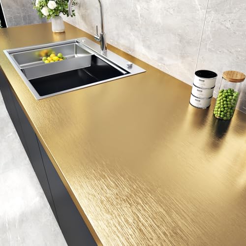 Stainless Steel Gold Contact Paper Removable Metal Gold Wallpaper | Peel and Stick Brushed Golden Contact Paper Stainless Steel Vinyl Fridge Wrap for Appliances Cabinets Countertops 15.8"x80" - color: Gold, size: 15.8" x 80"