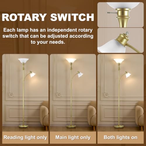 Torchiere Floor Lamp with Adjustable Angle Reading Lamp-Glod 71IN | Standing Lamp for Bedroom with Glass Shade, Tall Floor Lamp for Living Room Decor, Office, Corner, Knob Switch, Bulb Included - color: Gold