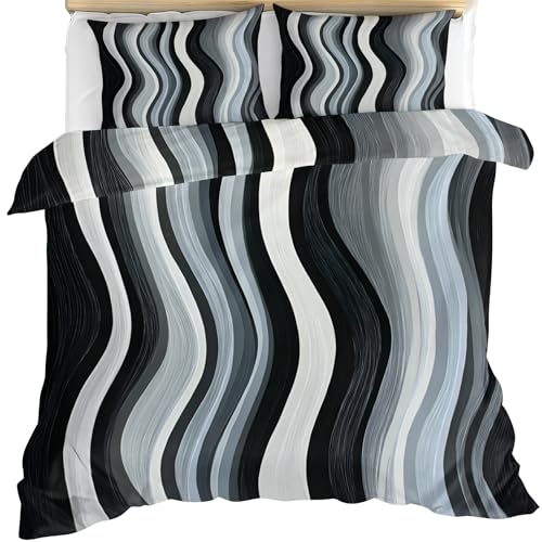 Waves Comforter Set Full, Monochrome Abstract Bedding Set, Modern Swirl Duvet Cover, 2 Pillow Cases, Zipper & Ties, Reversible Print Bedding Set & Home Decor - color: Monochrome Abstract, size: Full (80 x 90 in)