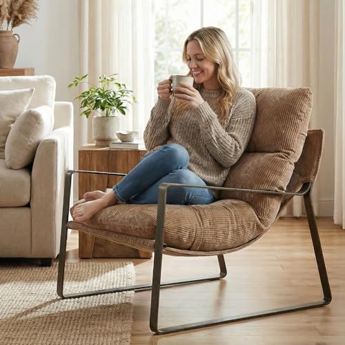 LukeAlon Modern Chenille Accent Armchair, Khaki | Chenille Upholstered Living Room Chair With Brass Frame & Thickened Cushion, Comfy Single Lounge Sofa for Bedroom, Office - color: Khaki