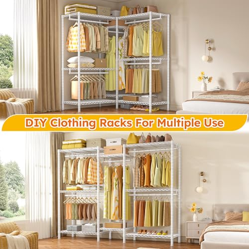 Raybee Clothes Rack,Clothing Racks for Hanging Clothes Heavy Duty,Adjustable Garment Rack with Shelves,rolling clothes rack Max Load 905LBS,75" W x 77" H x 17.8" D,White - color: White, size: 75" W x 17.8" D x 77" H