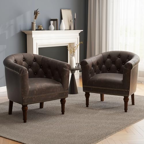 PU Leather Barrel Accent Chair, Modern Upholstered Armchair, Chocolate | Comfy Living Room Chair, Nailed Trim Barrel Arm Chair Bedroom Reading Seat | 27"D x 30"W x 30"H - color: Chocolate